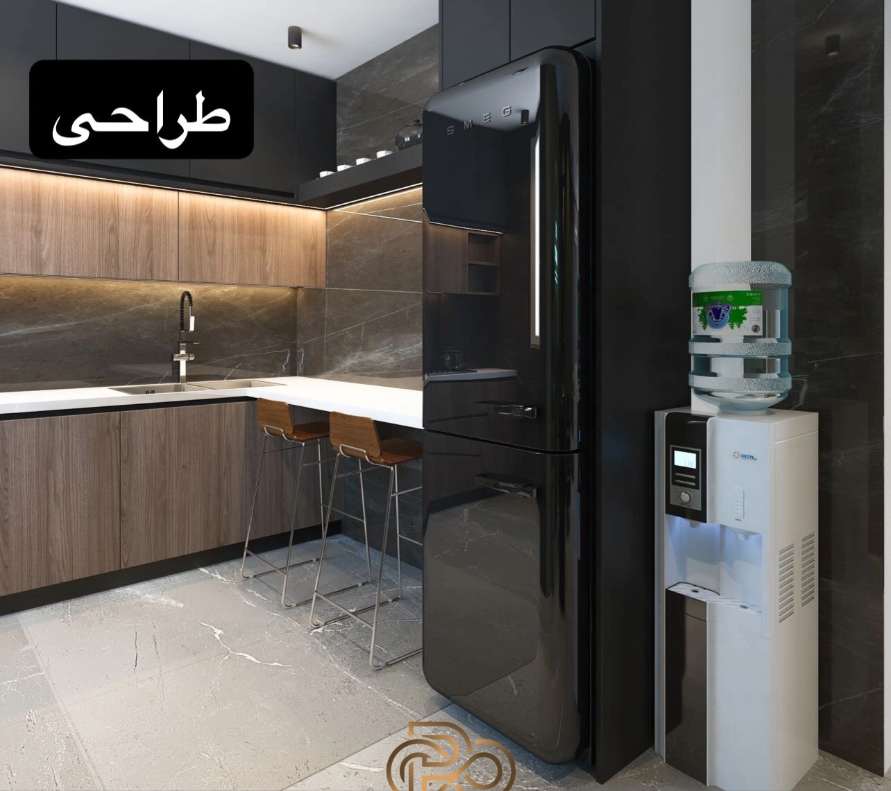 طرح سه‌بعدی آشپزخانه تیره با روکش چوب