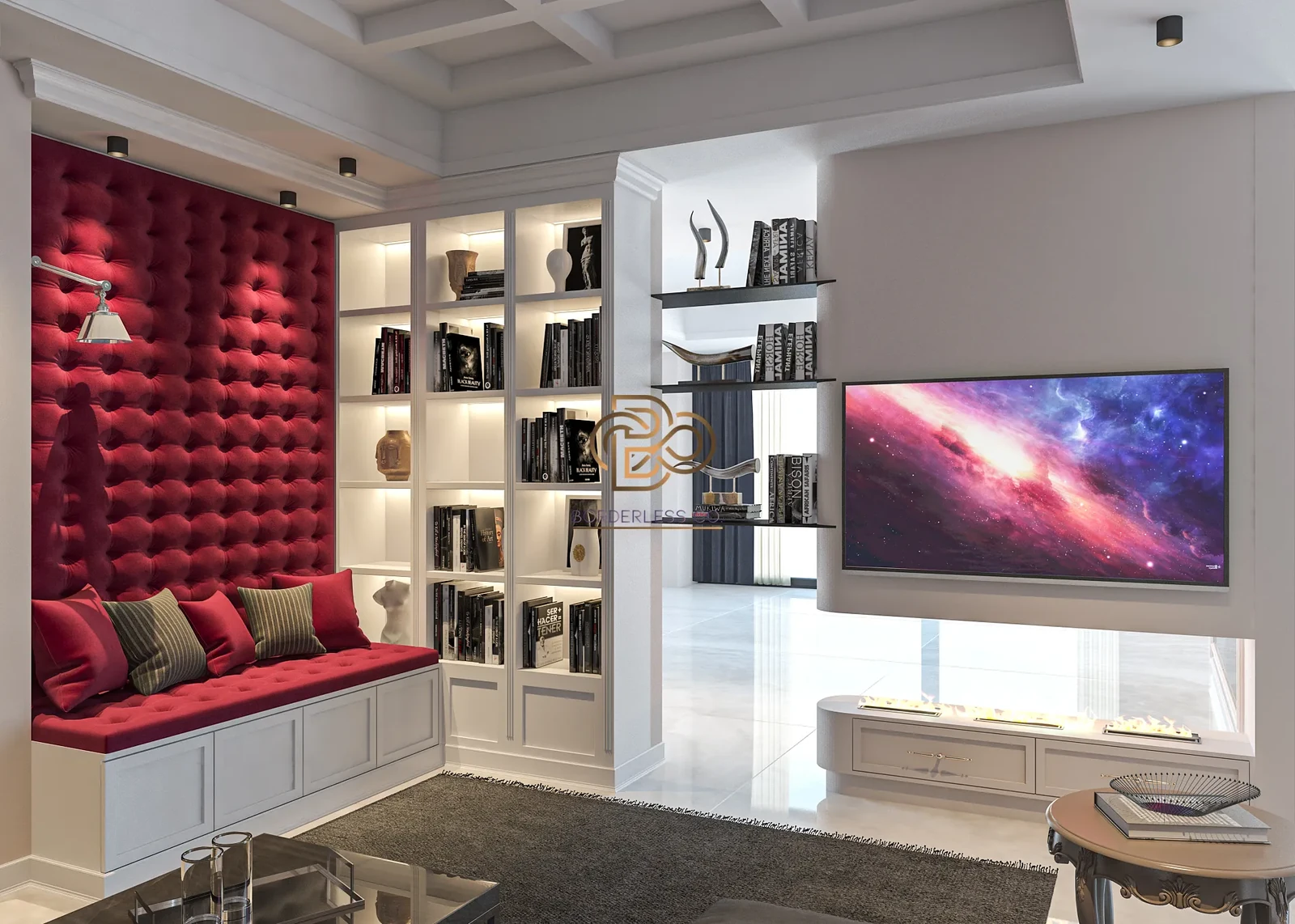 تی وی وال با نیچ مخمل قرمز و قفسه‌بندی سفید